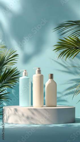 
horizontal format, centered composition with hypoallergenic shampoo bottles on a smooth round podium, clean and minimalist design, white or pastel-colored bottles with no labels, background in warm a