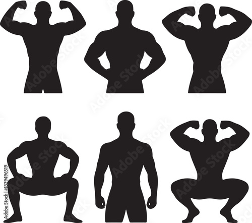 Silhouettes of muscular men in various poses bodybuilder vector illustration
