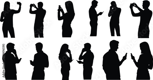 Large Collection of Men and Women Silhouettes Using Mobile Phones, Smartphones, and Taking Photos, Illustrating Modern Communication and Digital Media Use