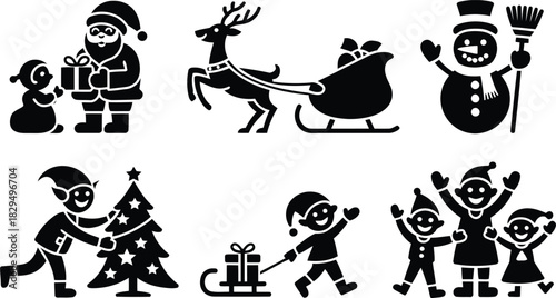 Black silhouettes of Santa Claus, reindeer, elves, snowman, and children celebrating Christmas