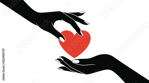 Black silhouette hands exchanging a vibrant red heart on a clean white background symbolizing love and charity