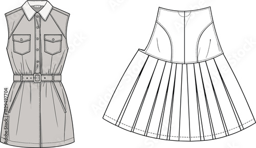 Shirt dress and pleated skirt fashion sketch, front view, flat vector, CAD drawing, apparel design illustration