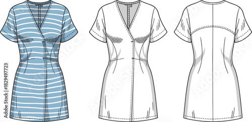 Striped tunic top fashion sketch, front and back view, V-neckline, flat vector, CAD drawing, apparel design illustration