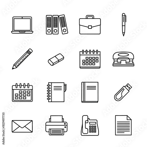 Office supplies and stationery items in a line art style.