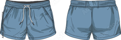 Athletic shorts fashion sketch, front and back view, drawstring waistband, flat vector, CAD drawing, apparel design illustration