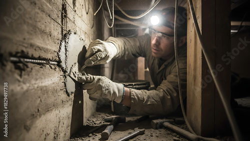 Worker in crawl space repairing foundation emphasizing hands-on repair 91382148 1