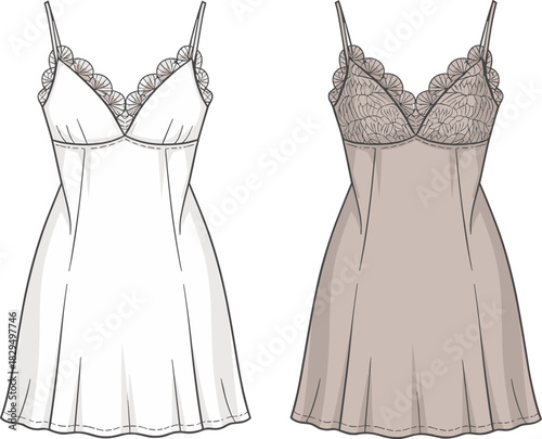 CAD drawing, flat vector illustration, lace nightdress front view, off shoulder straps, fashion sketch, garment design, clothing template