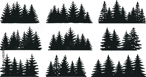 Black conifer tree silhouettes, forest clusters, pine shapes, nature design, evergreen outlines, woodland illustration, environmental art, grid layout, landscape elements