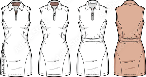 Sleeveless dress fashion sketch with collar and belt variations, front and back view, CAD drawing, flat vector illustration