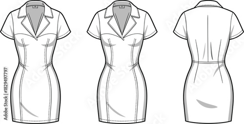 CAD drawing, flat vector illustration, short sleeve collared dress, fashion sketch, sweetheart neckline, princess seams, garment design, clothing template