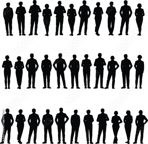 Silhouettes of diverse people standing, black human figures, population concept, diversity illustration, social group, crowd formation, statistical sample, unity