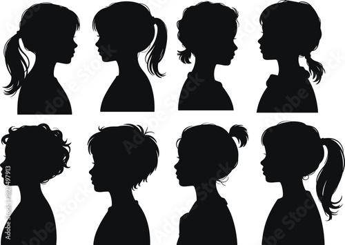 Black child profile silhouettes, diverse hairstyles, side view, identity concept, minimalist design, early childhood, contour illustration