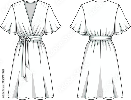 Wrap dress fashion sketch with flutter sleeves, front and back view, flat vector, CAD drawing, apparel design illustration