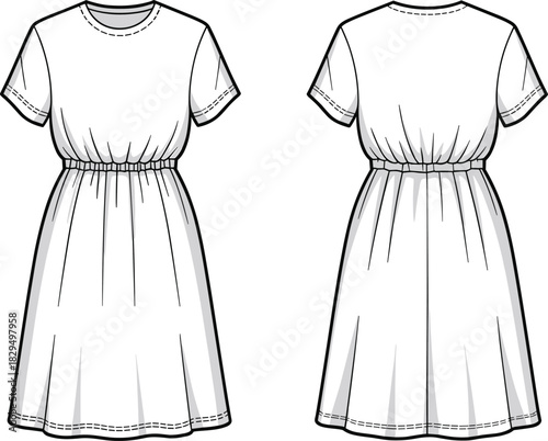 CAD drawing, flat vector illustration, short sleeve dress front and back, gathered waistline, fashion sketch, garment design, clothing template