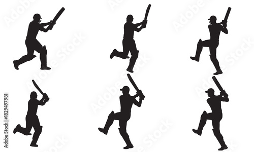 Multiple cricket player silhouettes in action poses for sports design
