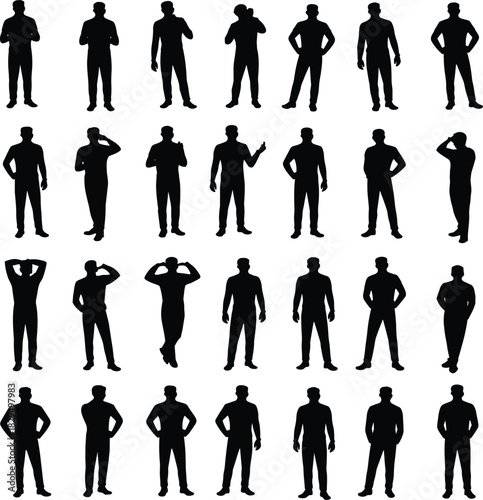 Black human silhouettes, standing poses, body language study, posture variation, gesture design, artistic grid layout, identity concept, movement illustration