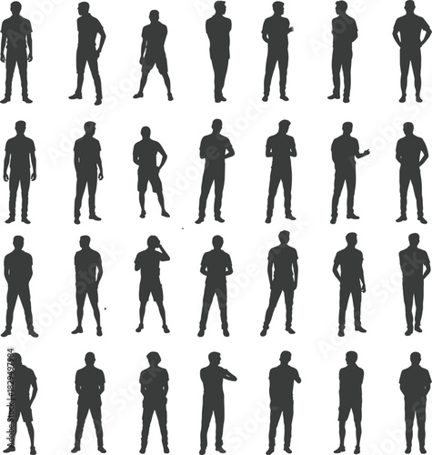 Black human silhouettes, diverse standing poses, gesture variation, posture study, body language design, artistic grid layout, movement illustration, identity concept