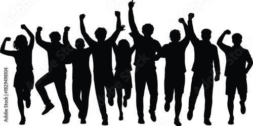 Celebrating group silhouettes in dynamic poses, black figures expressing joy, unity and success, artistic movement, teamwork and excitement concept