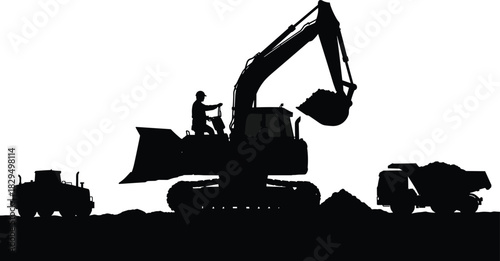 Large Construction Excavator Operated by Worker Loading a Dump Truck, Heavy Equipment Black Silhouette Vector Graphic for Industrial Earth-Moving Project Design