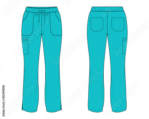 Modern Women's Teal Flare-Leg Scrub Pants with Multi-Pocket Cargo Design Technical Flat Sketch Template