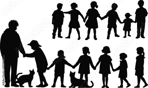 Silhouettes of diverse children, adults, and cats holding hands, unity, friendship, family bond, togetherness, black and white illustration, peaceful scene