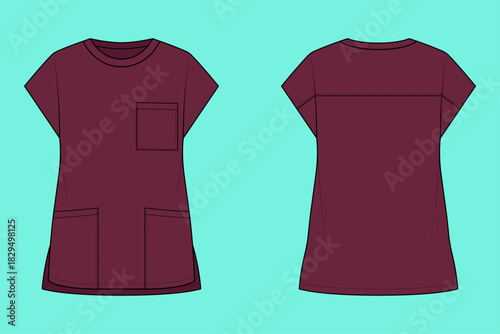 Women's Crew Neck Scrub Top with Multiple Pockets Flat Sketch CAD Outline Template
