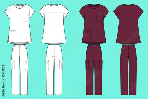 Women's Scrub Uniform Set with Crew Neck Top and Cargo Pants Flat Sketch Front & Back Outline Views