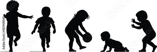 Children silhouette in playful poses, crawling, walking, running, holding ball, black figures, early childhood movement, motor skill development