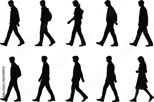 Black walking silhouettes, human gait styles, motion study, body movement, male and female figures, posture variation, animation reference, minimalist design