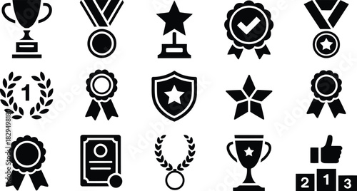 Collection of silhouette icons featuring various award symbols like trophies medals and ribbons