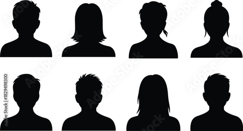 Black silhouette head profiles, diverse hairstyles, gender-neutral design, identity concept, artistic illustration, contour shapes, youth diversity, side view