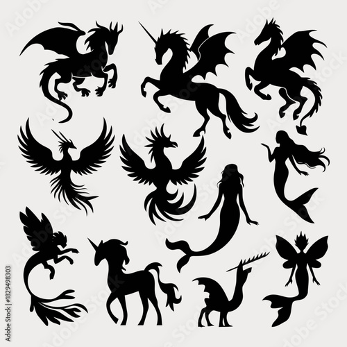 Collection of mythical creatures including dragons, unicorns, mermaids, and phoenixes, illustrated in black silhouettes on