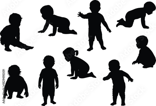 Black baby silhouettes, crawling and sitting poses, infant movement, posture study, early development, minimalist design, child gesture illustration