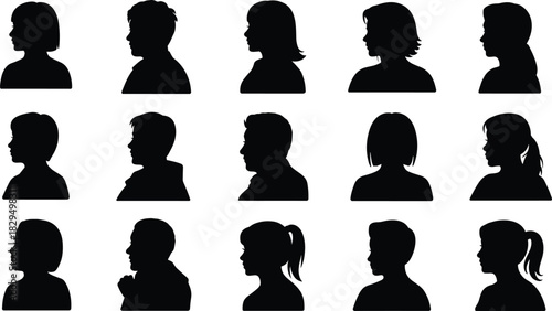 Black head profile silhouettes, diverse hairstyles, side view design, identity concept, artistic illustration, contour shapes, human diversity, minimal style