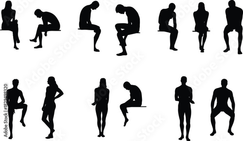Human figure silhouettes, seated and standing poses, posture study, body language, black vector art, artistic reference, bench, gesture design