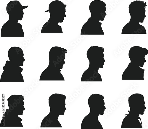Male head silhouette profiles, diverse hairstyles and hats, black side views, fashion identity, character design, modern style concept