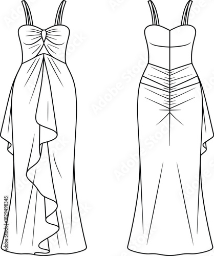 Evening gown fashion sketch, front and back view, sweetheart neckline, flat vector, CAD drawing, apparel design illustration