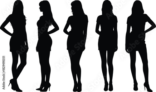 Black female silhouettes, short dresses, high heels, diverse poses, fashion design, body posture, stylish profiles, elegance, identity concept