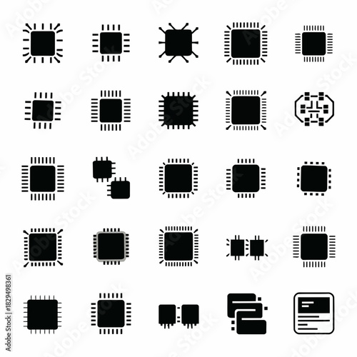 Collection of various integrated circuit chips and electronic components illustrated in a minimalist black and white style