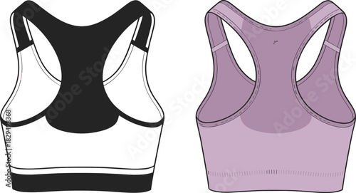 CAD drawing, flat vector illustration, sports bra back view, racerback design, fashion sketch, garment construction, technical apparel, activewear blueprint