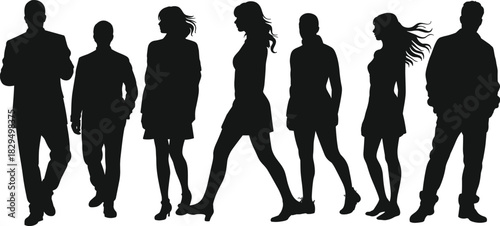 Silhouettes of walking and standing people, business and casual attire, black figures, fashion posture, human form, minimalist design concept