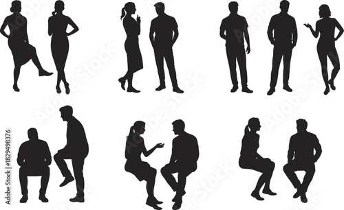 Black silhouette pairs, social interaction, conversation poses, seated and standing figures, gesture study, communication design, body language illustration