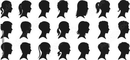 Diverse hairstyle silhouette collection, black profile heads, fashion hair design, beauty concept, character creation, artistic style, modern diversity