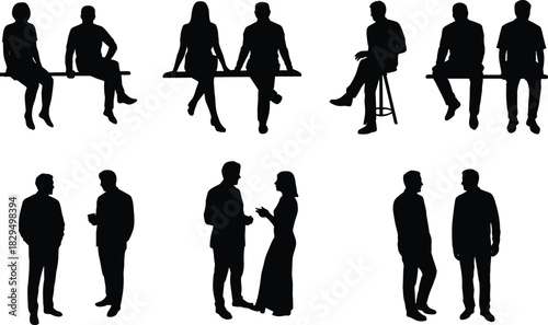 Black silhouette pairs, seated and standing poses, human interaction, body language, communication design, gesture study, minimalist illustration