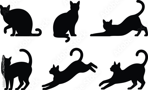 Collection of six black cat silhouettes displaying various playful and relaxed postures on a bright white background