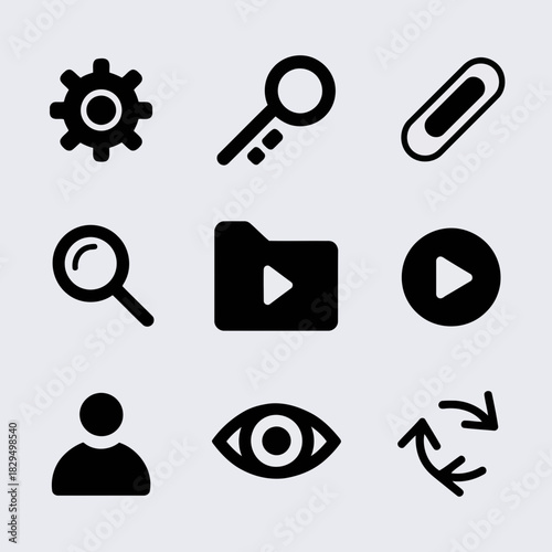 Set of nine black icons representing settings, search, file, video, user, eye, and share functions