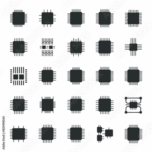 Collection of various black and white integrated circuit symbols and microchip designs isolated on