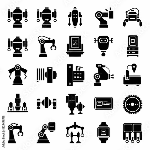 Collection of various robot and machinery icons in a monochromatic style, suitable for industrial and technological themes