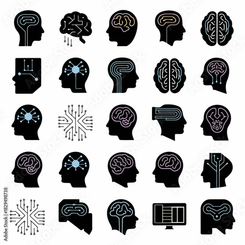 Collection of brain icons with various neural network and technology elements, representing concepts like artificial intelligence, machine learning, and cognitive processes