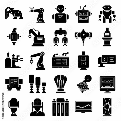 Set of various industrial robots and machinery icons in black and white vector style